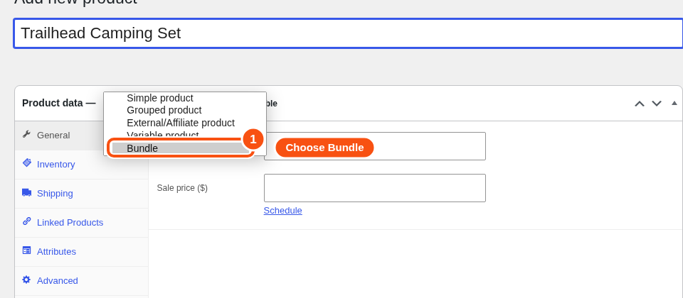 The Product data type menu with Bundle selected.