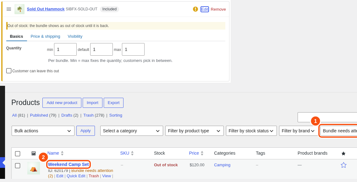 A yellow note on an item card and the Bundle needs attention filter in the product list.