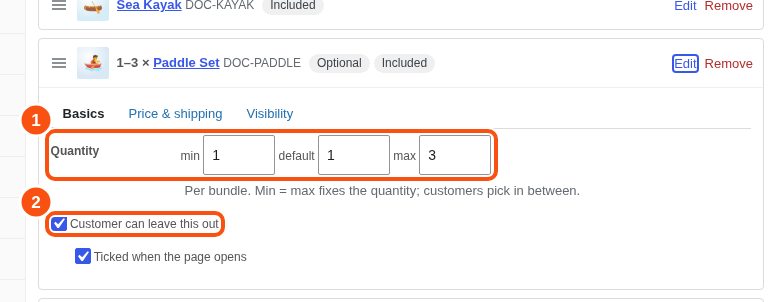 The Basics tab of an item card with quantity fields and the optional tick box.