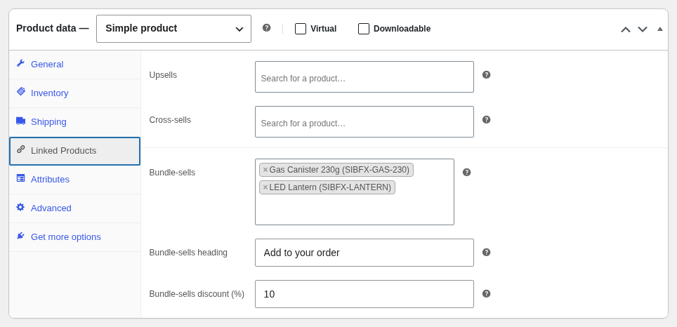 The Linked Products tab with bundle-sells and a discount.