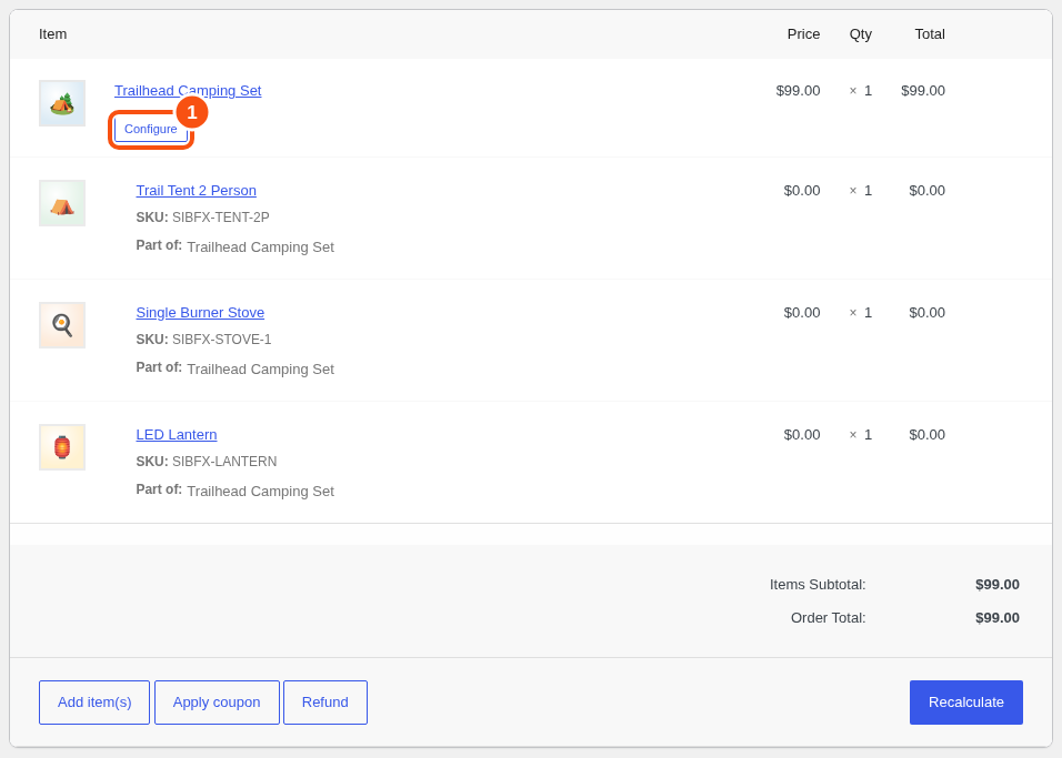 An order screen with a bundle line, its items indented, and the Configure button.
