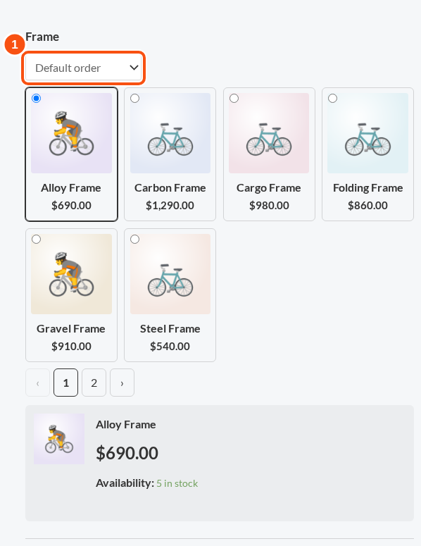 A choice shown as thumbnails with a sort menu and page numbers.