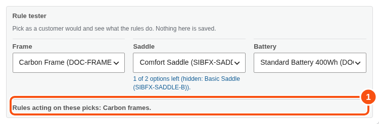 The Rule tester showing a hidden item and the options left in a choice.
