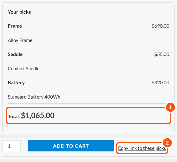 The bundle summary with the picks, a total and the Copy link button.