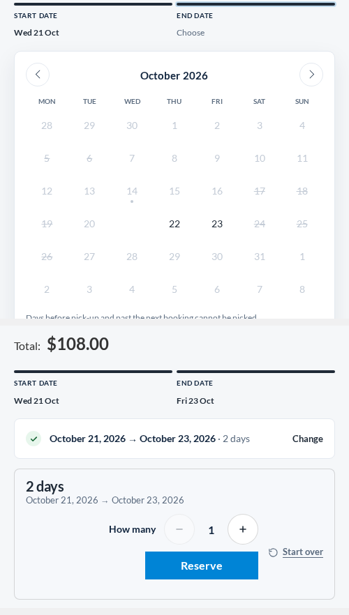 A rental bundle product page with the calendar and the live total.
