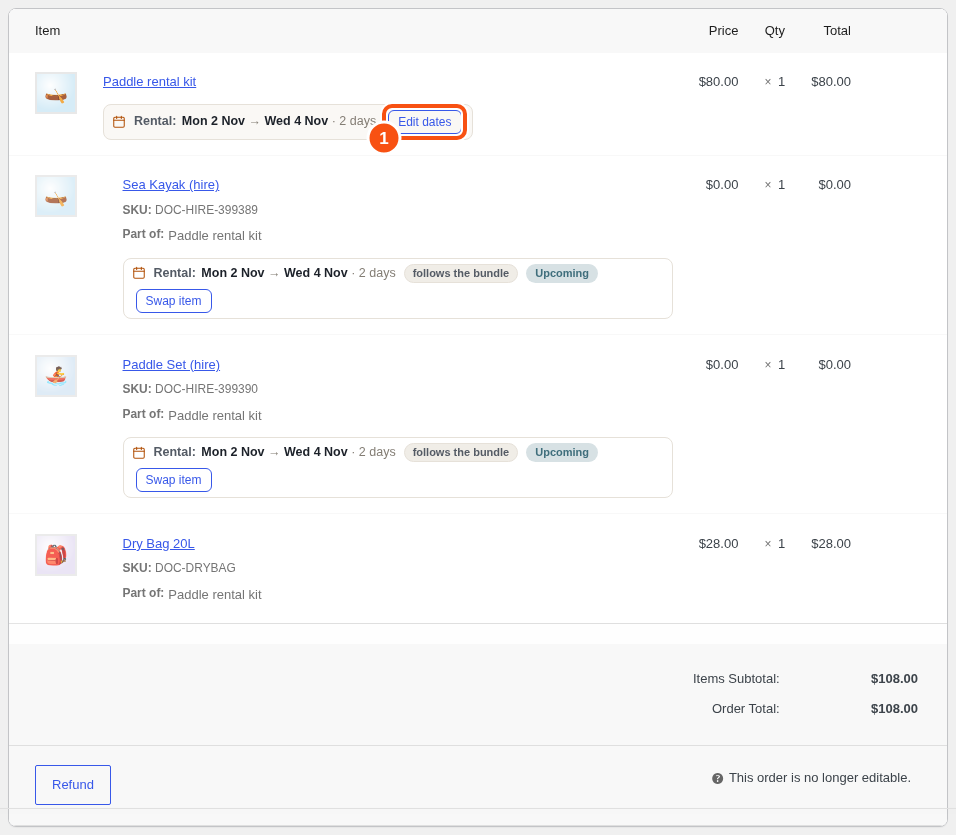The order screen with the date editor on a bundle line.