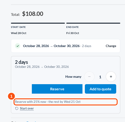 A rental bundle product page with the booking deposit note.