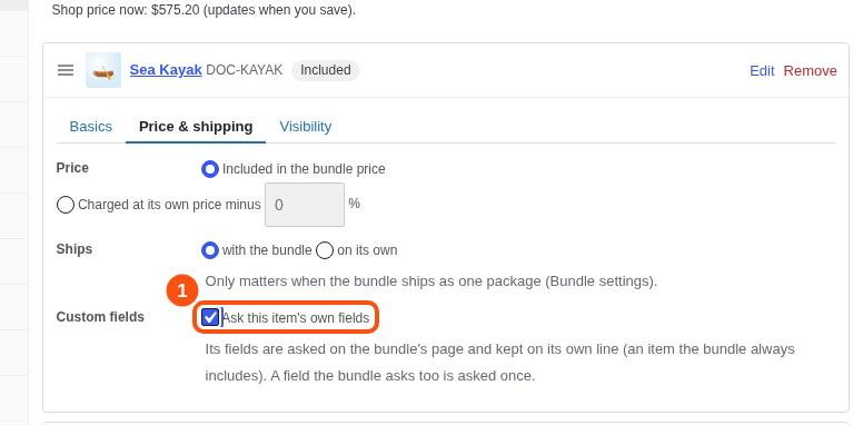 An item card with "Ask this item's own fields" ticked.