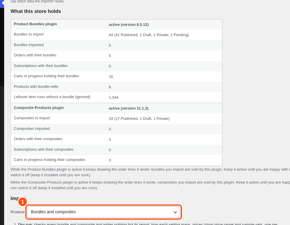 The Import tab with a box for each plugin and the Products menu.