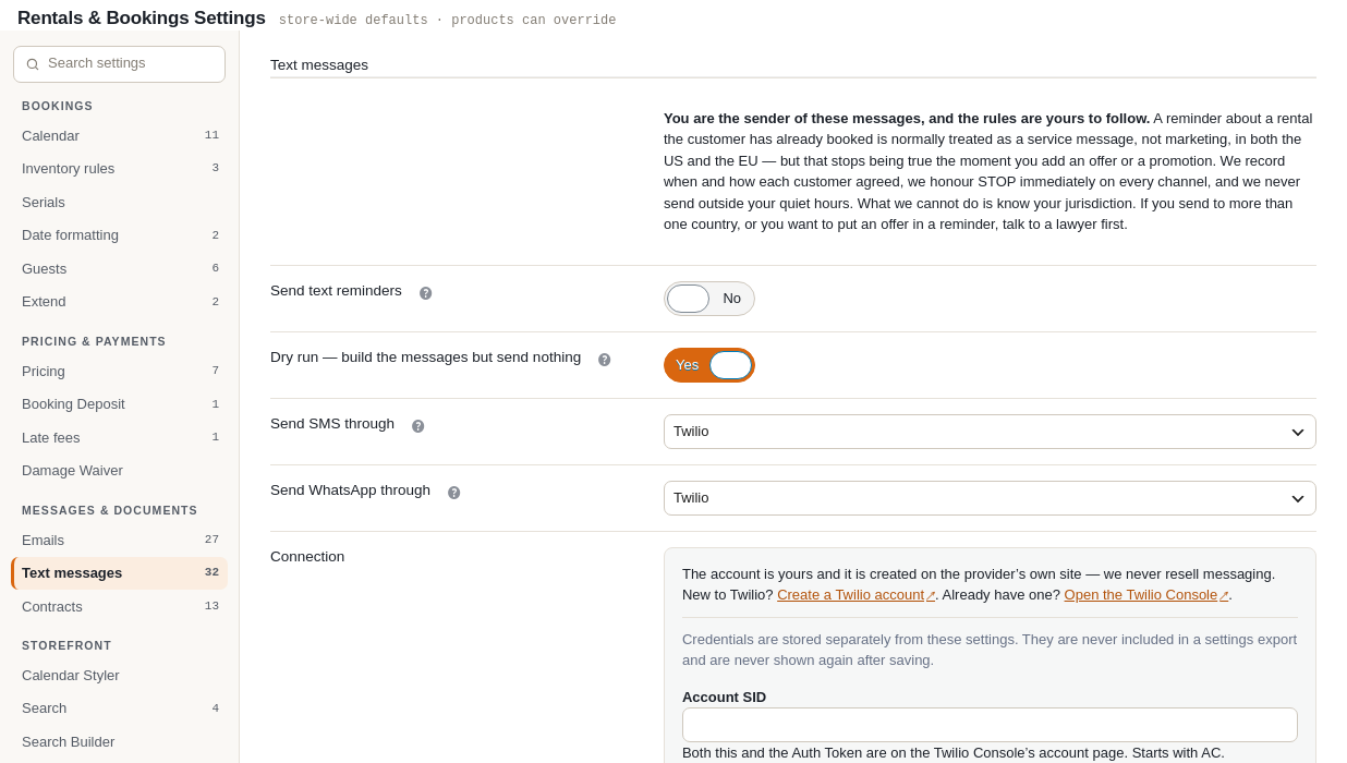 The top of the Text messages tab in Rentals Settings: Send text reminders and Dry run both switched on, with Send SMS through and Send WhatsApp through both set to Twilio