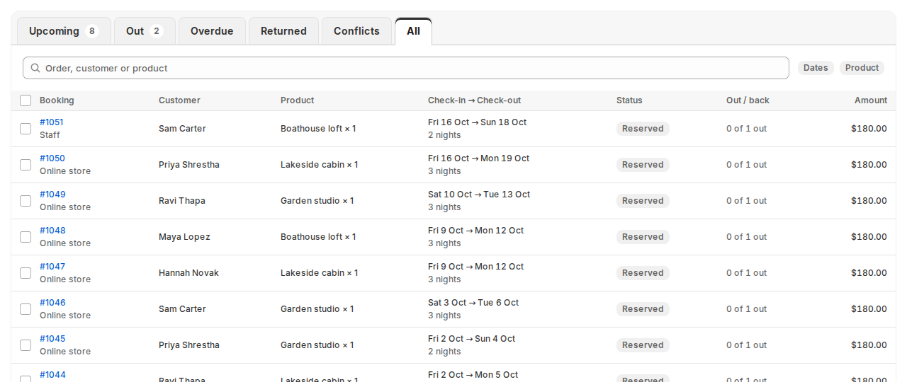 The Bookings list with a Check-in to Check-out column and 2 nights or 3 nights under each pair of dates