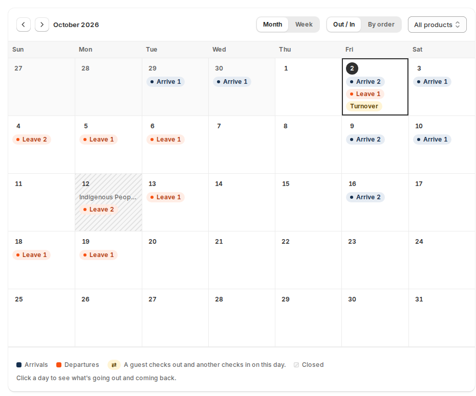 The October calendar with Arrive and Leave chips on each day, a Turnover marker on October 2 and a closed day shaded