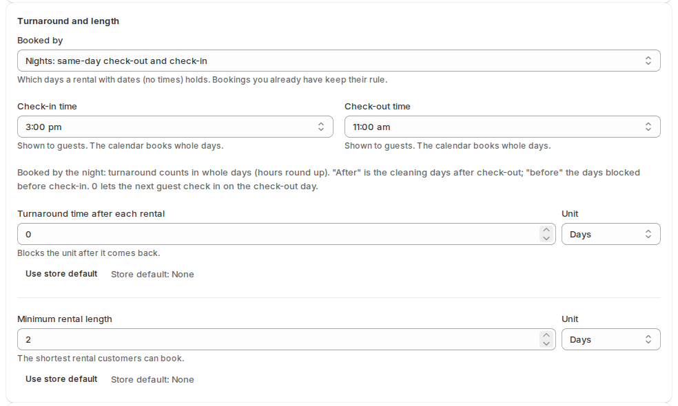 The Turnaround and length section of a product with Booked by set to Nights: same-day check-out and check-in, a check-in time of 3:00 pm and a check-out time of 11:00 am