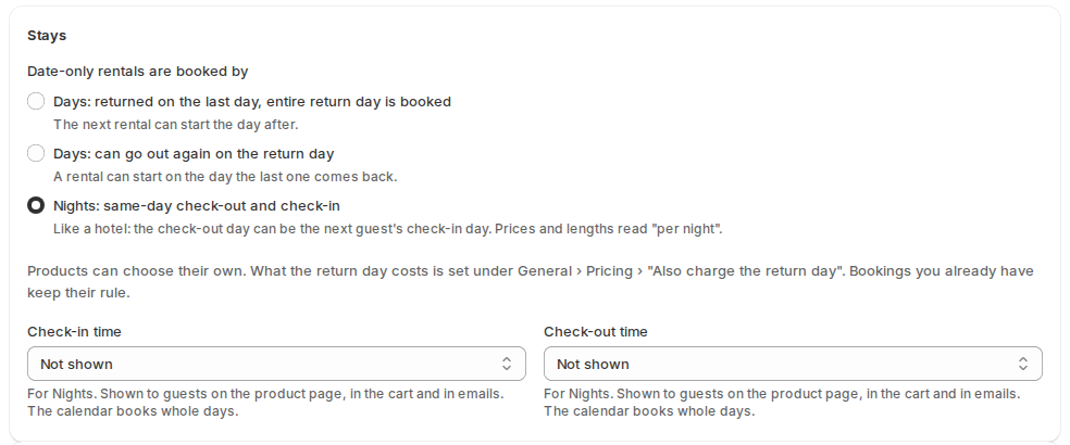 The Stays card in Settings Rules with the three choices of Date-only rentals are booked by and Nights chosen, then the Check-in time and Check-out time fields