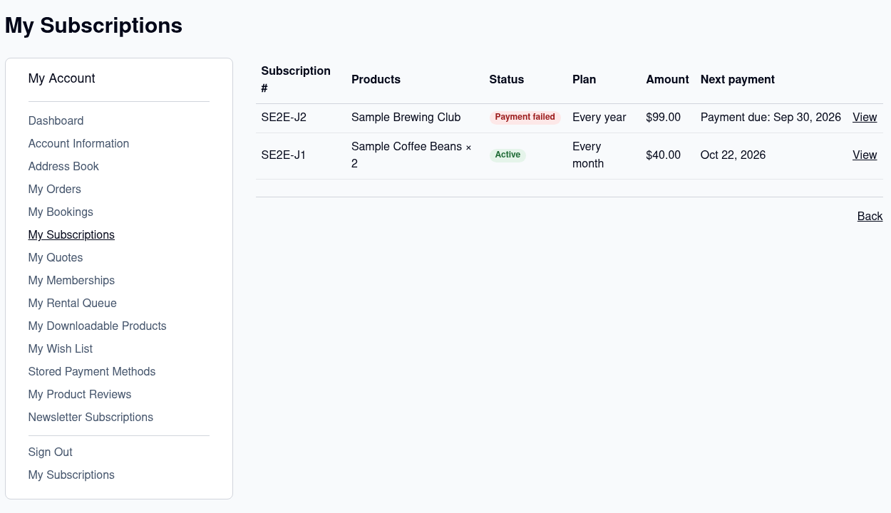 My Subscriptions on a Hyvä store listing a Payment failed yearly subscription and an Active monthly one