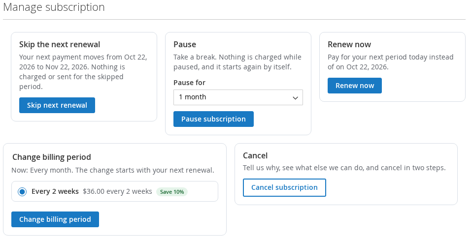 The Manage subscription cards on a Luma store: Skip the next renewal, Pause, Renew now, Change billing period and Cancel