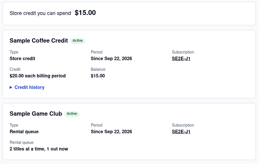My Memberships on a Hyvä store showing Store credit you can spend 15 dollars and two memberships, Sample Coffee Credit and Sample Game Club