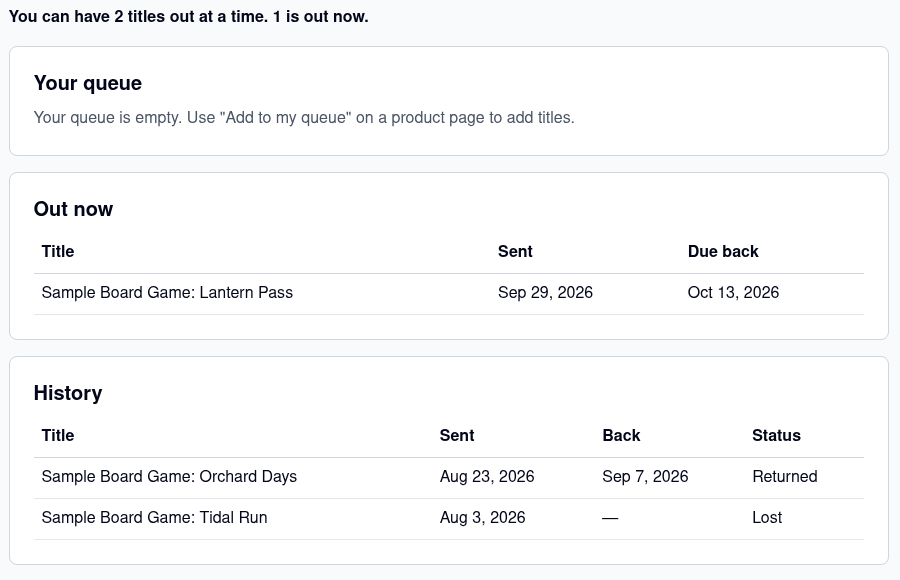 My Rental Queue on Hyvä with Your queue, Out now with a board game due back Oct 13 2026, and History