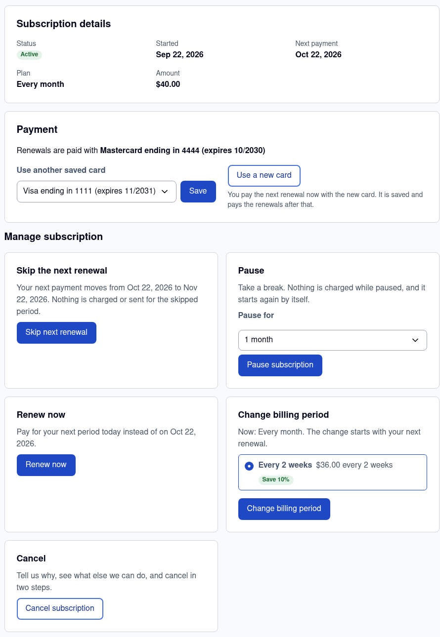 A subscription page on Hyvä with Subscription details, Payment, Skip the next renewal, Pause, Renew now, Change billing period, Cancel and Add to your next renewal
