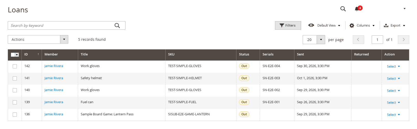 The Loans grid listing titles that are out with their member, SKU, serials and sent date