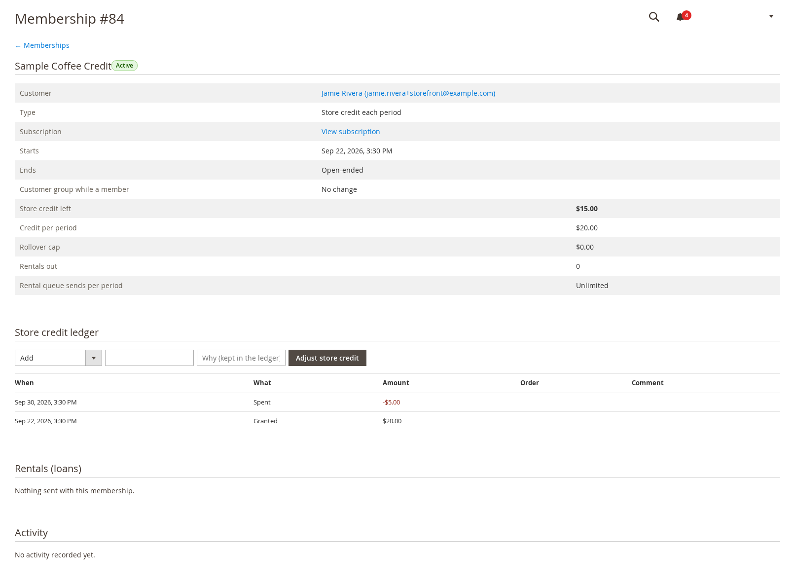 Membership 84 showing Store credit left 15 dollars, Credit per period 20 dollars, the Store credit ledger with a spend and a grant, and Adjust store credit