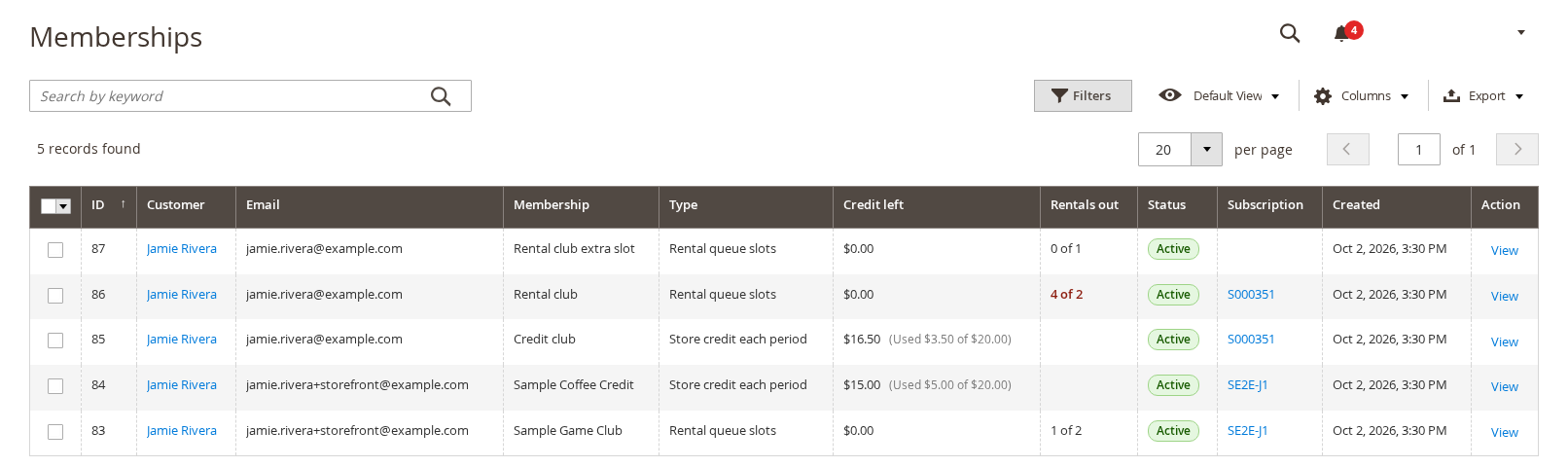 The Memberships grid with a store credit membership and queue memberships