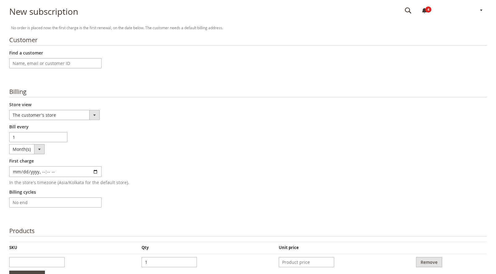 The New subscription form with Customer, Billing and Products sections