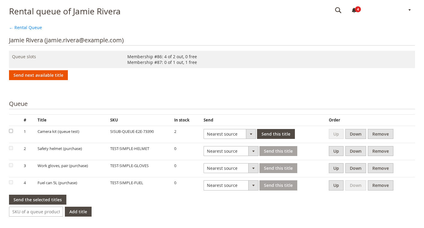 Rental queue of a member with queue slots, Send next available title, a list of titles with Send this title, Up, Down and Remove buttons