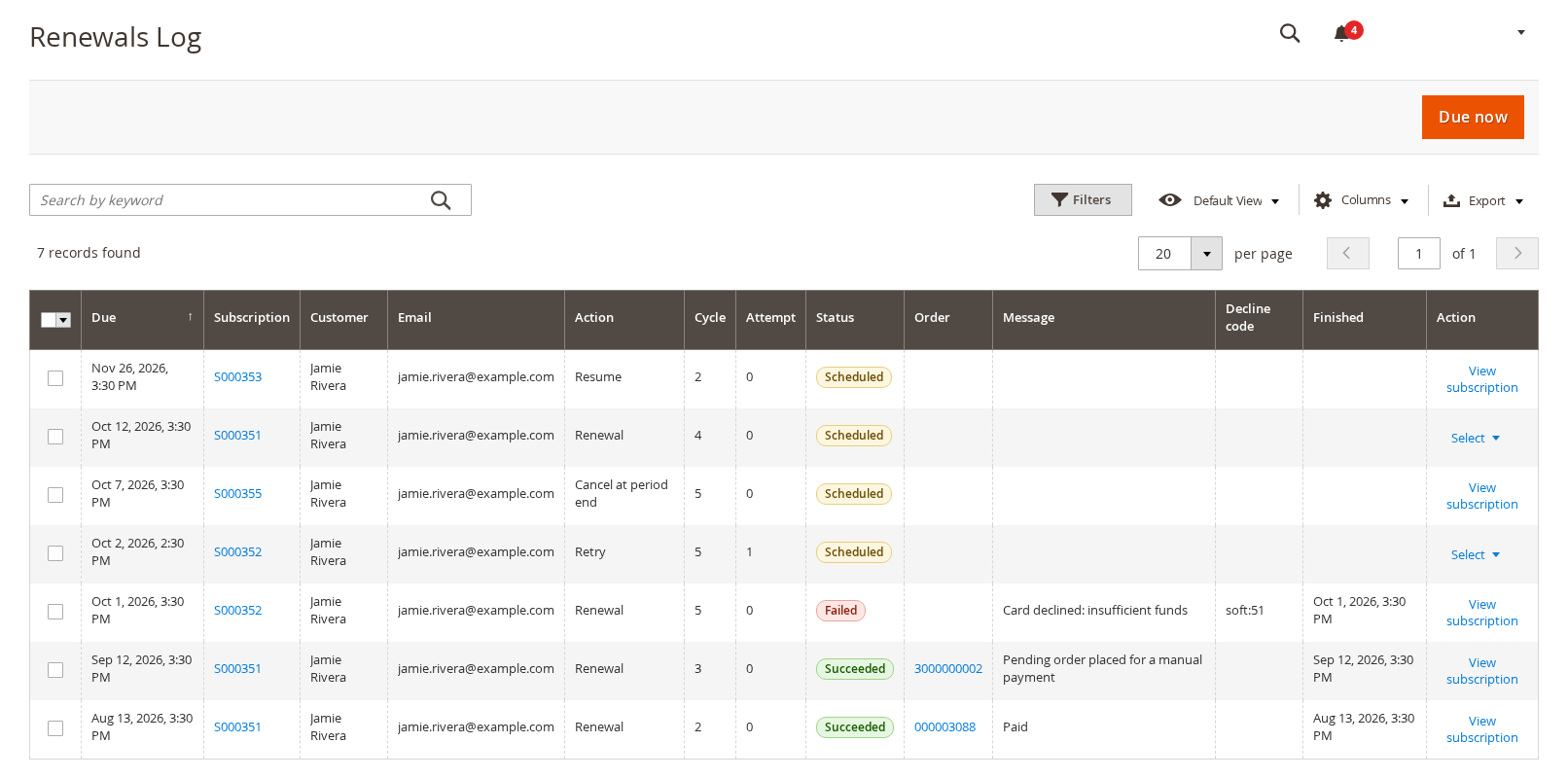 The Renewals Log with scheduled, failed and succeeded renewals