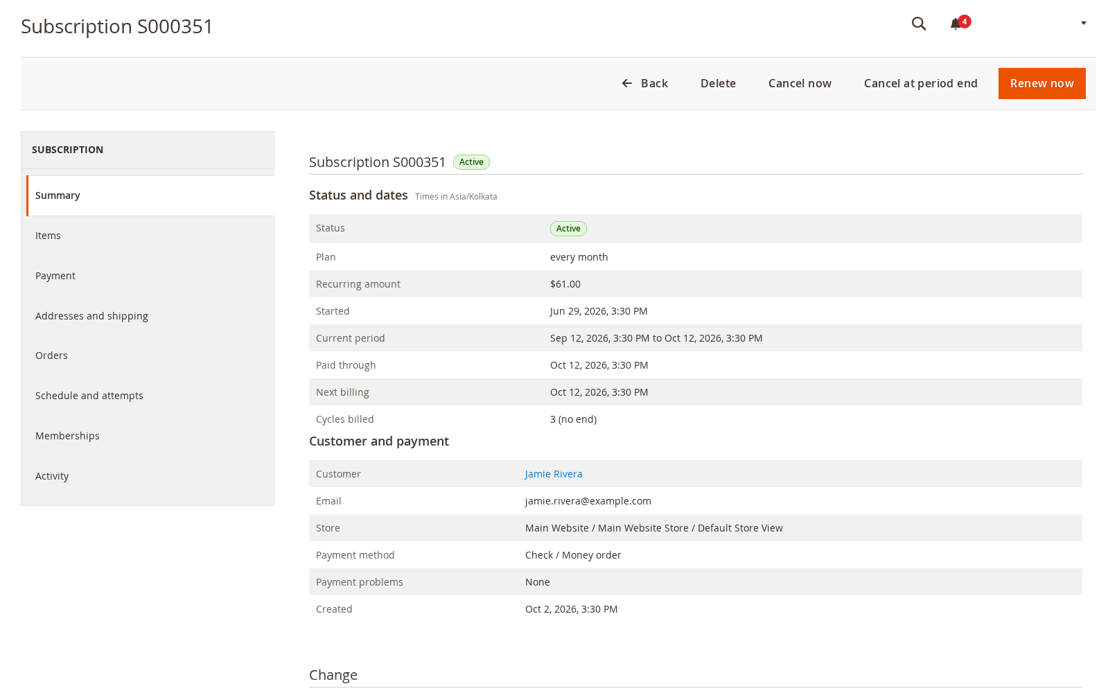 The Subscription S000351 page showing status, plan, recurring amount, billing dates and customer details, with Pause and Edit next billing date forms below