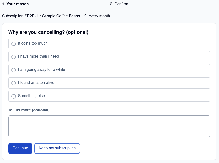 Cancel subscription step 1, Why are you cancelling, listing the reasons with Continue and Keep my subscription buttons