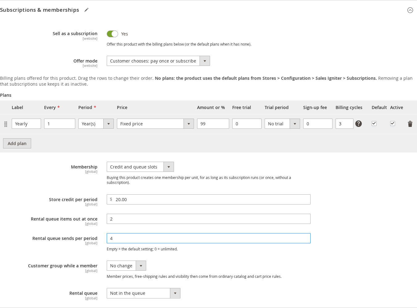 A product's Subscriptions and memberships section with Membership set to Credit and queue slots, Store credit per period 20.00, queue items out at once 2 and sends per period 4