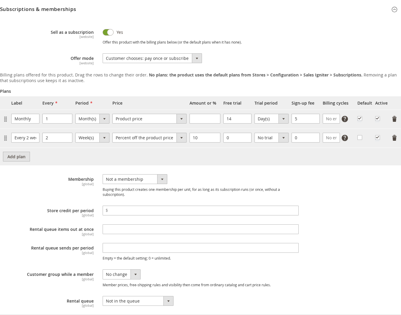 The Subscriptions and memberships section of a product with Sell as a subscription set to Yes, Offer mode set to Customer chooses, and plan rows