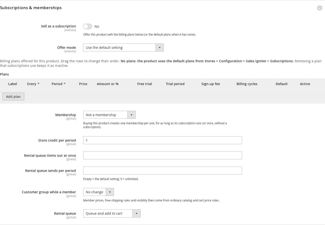 The product form with Rental queue set to Queue and add to cart