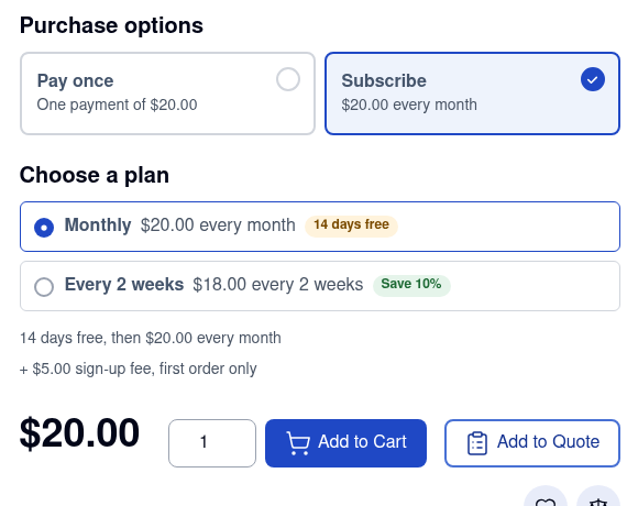 The same purchase options on a Hyvä product page