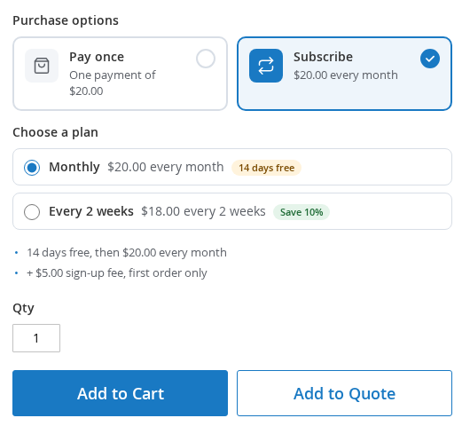The Luma product page with Pay once and Subscribe cards, a Monthly plan marked 14 days free and an Every 2 weeks plan marked Save 10 percent