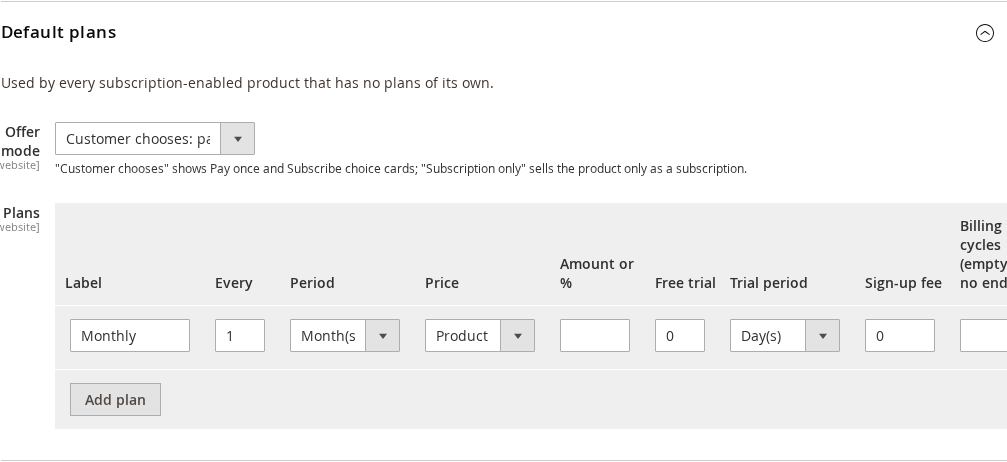 The Default plans group of the Subscriptions settings with Offer mode and a Monthly plan row