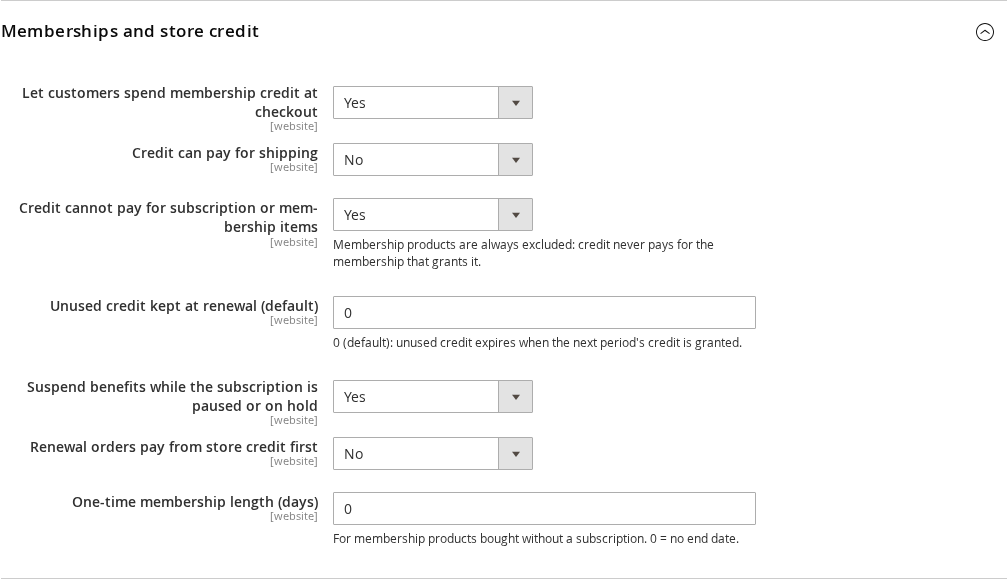 The Memberships and store credit group of the Subscriptions settings
