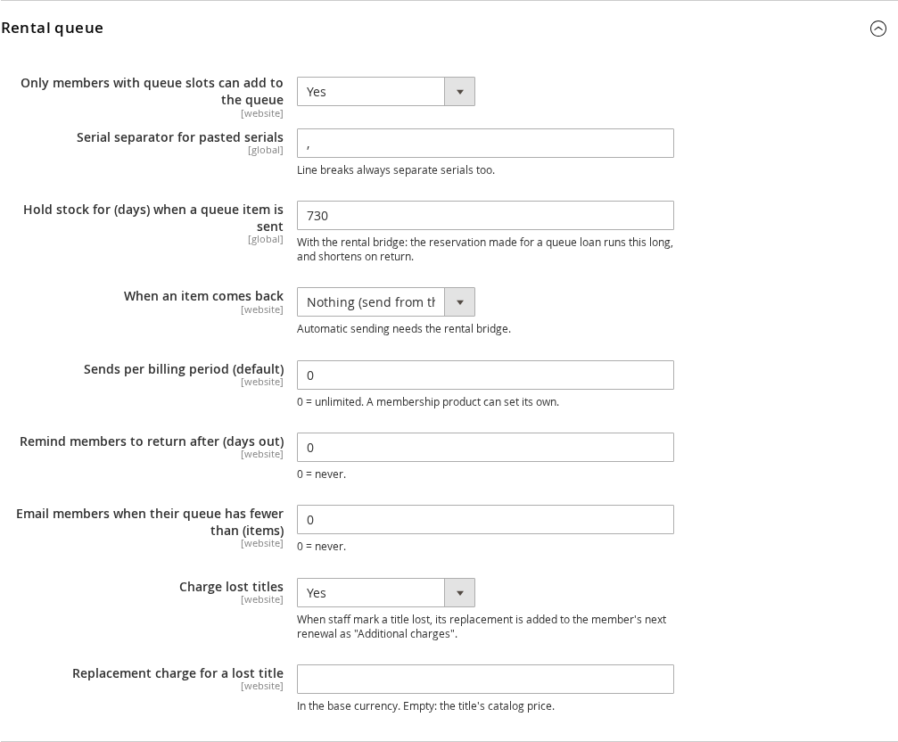 The Rental queue group of the Subscriptions settings