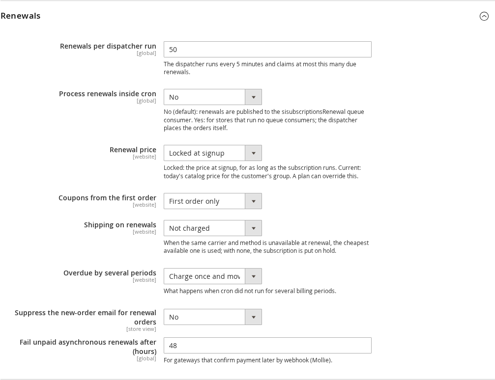 The Renewals group of the Subscriptions settings