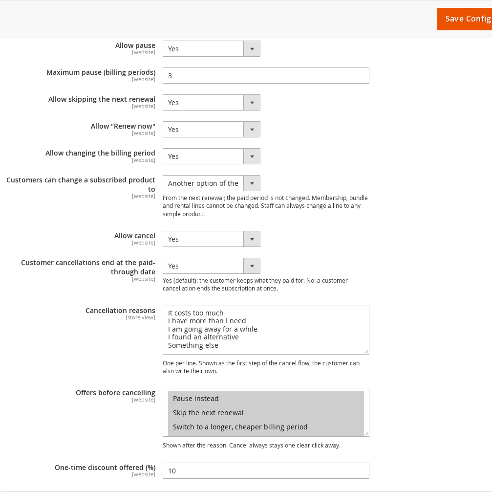 The Customer self-service group with switches for pause, skip, renew now, change plan and cancel, and the cancellation reasons list