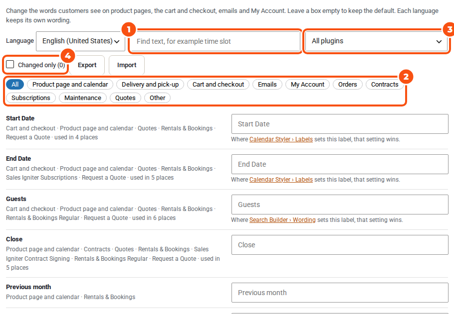 Rentals › Settings › Text with the search box, the area buttons and the plugin filter