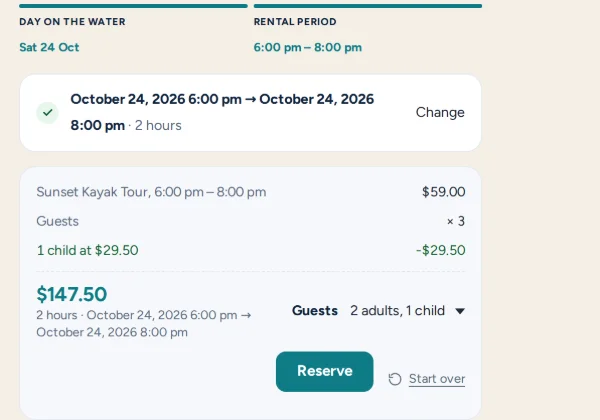 A sunset kayak tour on the sample store for Sat 24 Oct, 6:00 pm to 8:00 pm: 2 adults and 1 child at half price come to $147.50