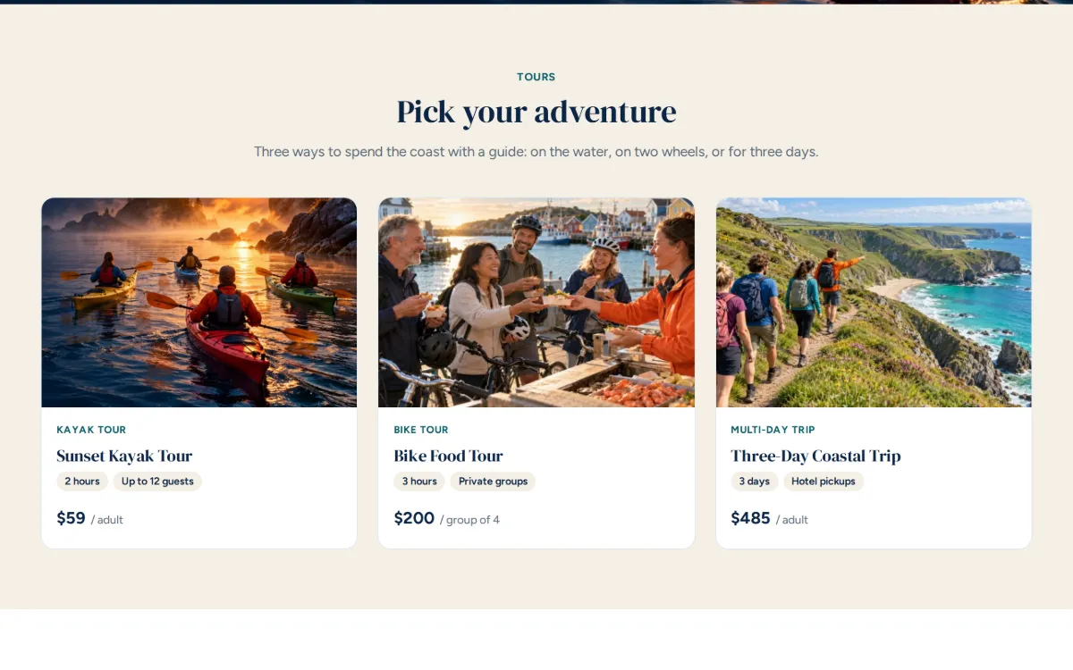 Tour booking software on a sample store: Paddle & Pine Adventures lists a sunset kayak tour at $59 an adult, a bike food tour at $200 for a group of 4 and a three-day coastal trip at $485 an adult