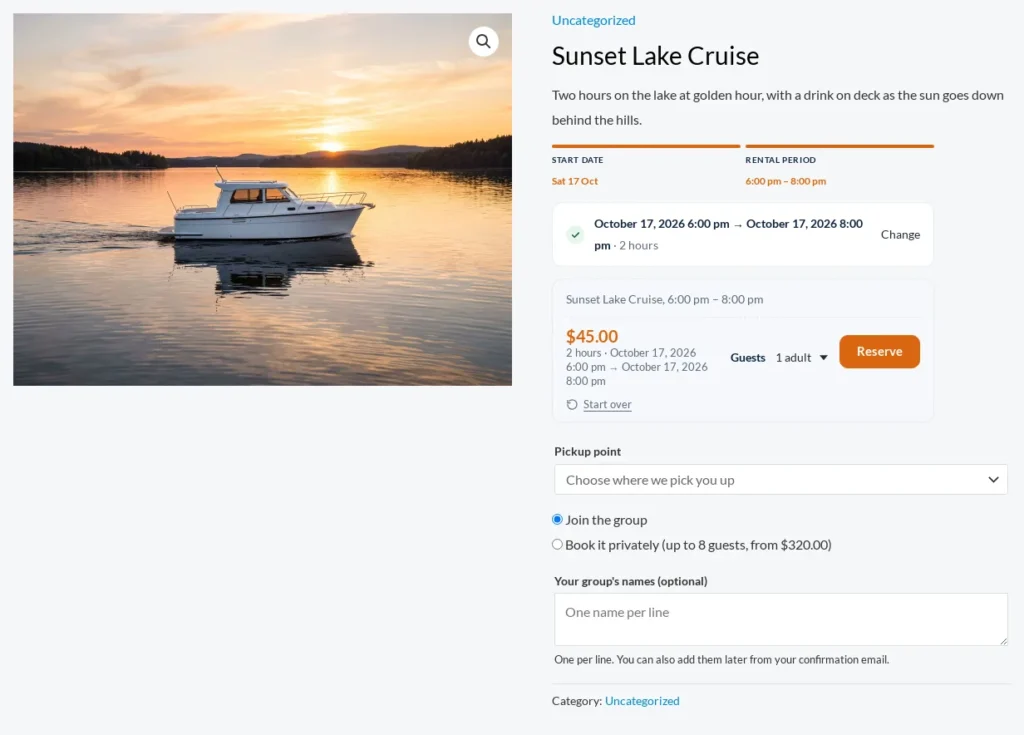 Tour product page with the chosen departure, guests, a pickup point, Join the group or Book it privately, and a field for the group’s names