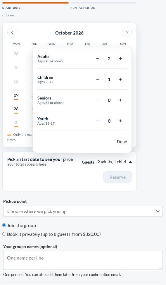 The guest picker on a tour's product page: Adults ages 13 or above, Children ages 2 to 12, Seniors ages 65 or above and Youth ages 13 to 17, with 2 adults and 1 child chosen