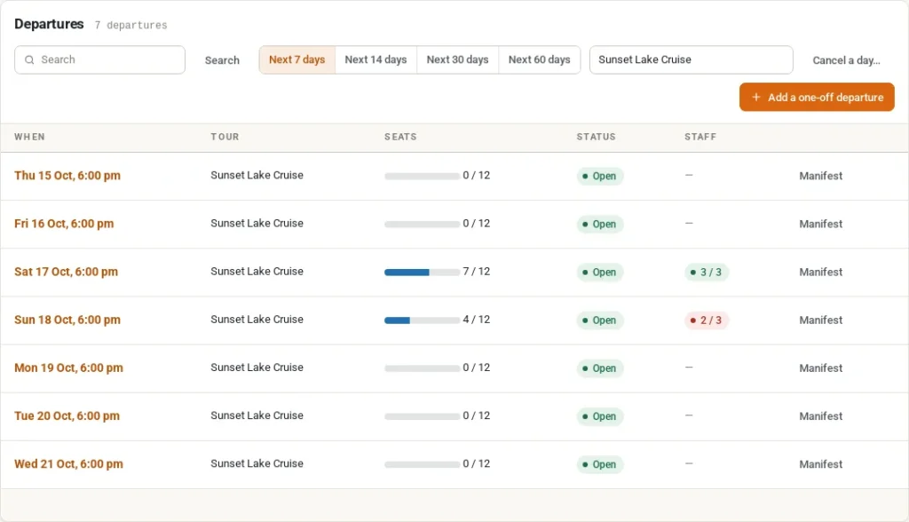 Departures screen listing a week of Sunset Lake Cruise departures with a seats bar, status, assigned staff and a Manifest link