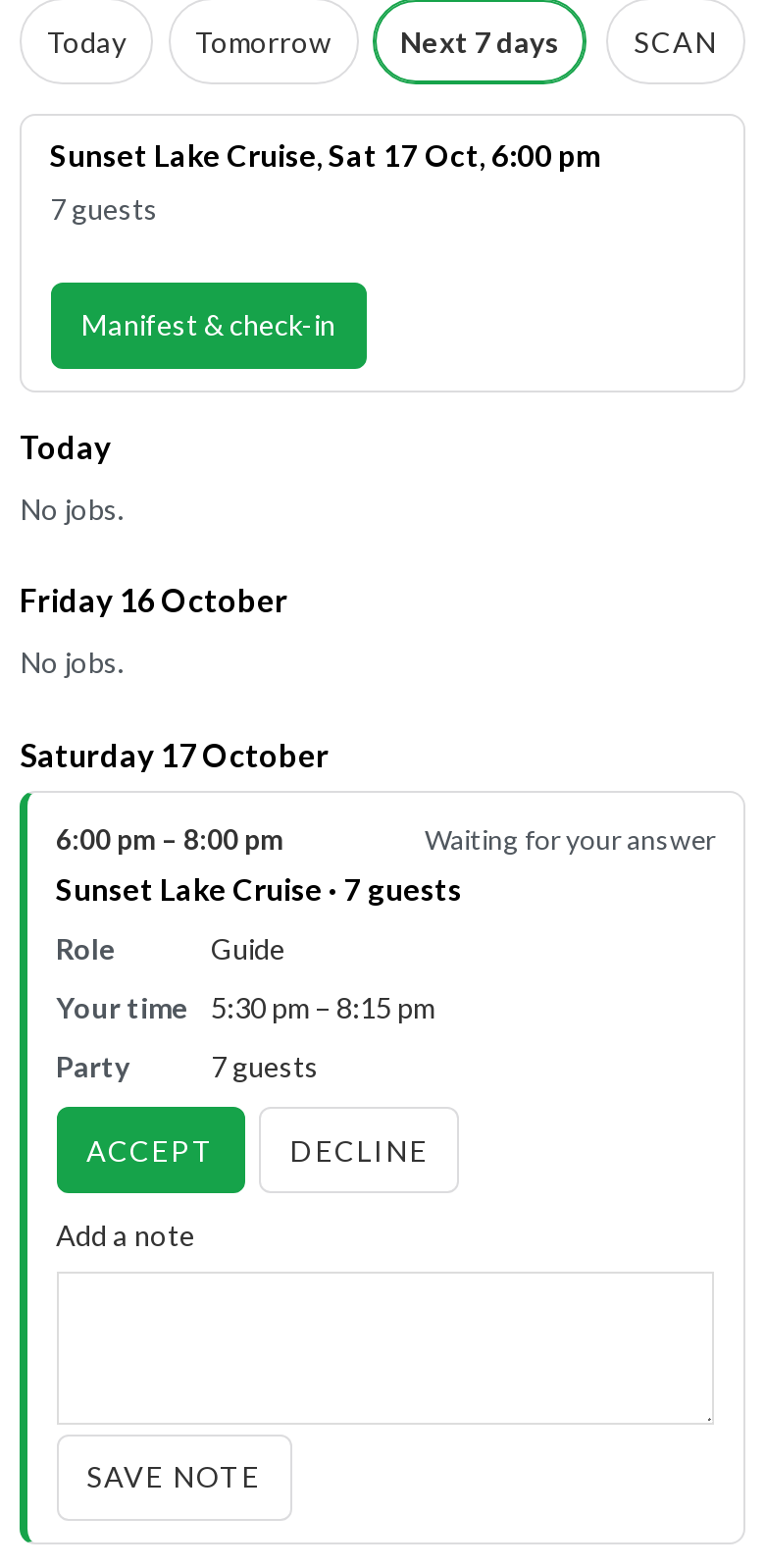 My schedule on a guide's phone, next 7 days: the Sunset Lake Cruise on Saturday 17 October with Manifest and check-in, and the job: guide, 5:30 pm to 8:15 pm, 7 guests, Accept or Decline and a note