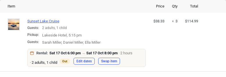 A tour line on the order screen: Guests 2 adults, 1 child, Pickup Lakeside Hotel 5:15 pm, and Guests Sarah Miller, Daniel Miller, Ella Miller