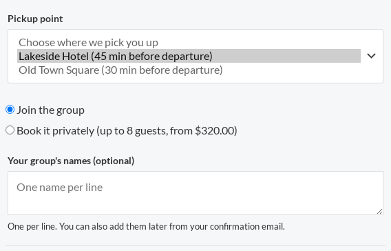 The Pickup point list on a tour's product page: Choose where we pick you up, Lakeside Hotel (45 min before departure) and Old Town Square (30 min before departure)